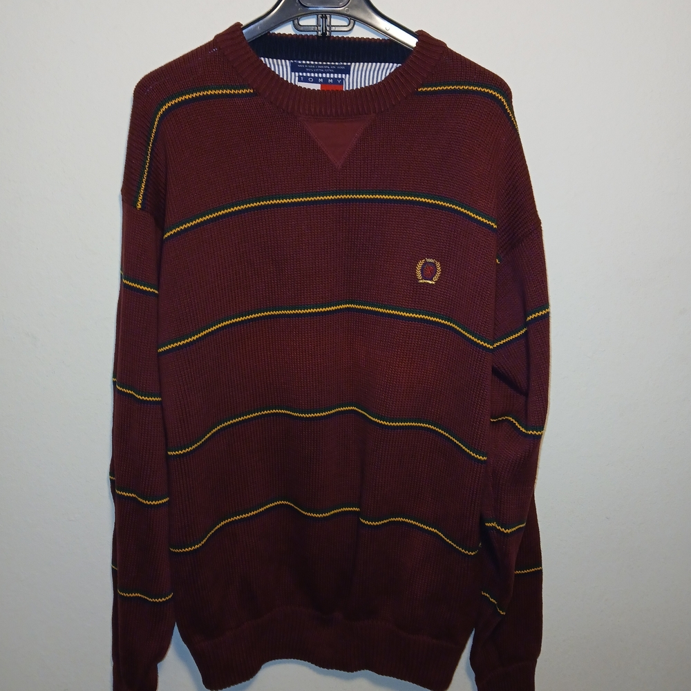 Vintage TOMMY HILFIGER Men's Striped Crew Neck knit Sweater Size Medium (Read)